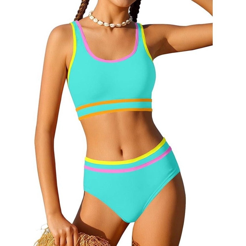 MSRP $32 Girls 11-12Y 3 Piece Swimsuit Set Double Strap High Waist Sporty Bikin